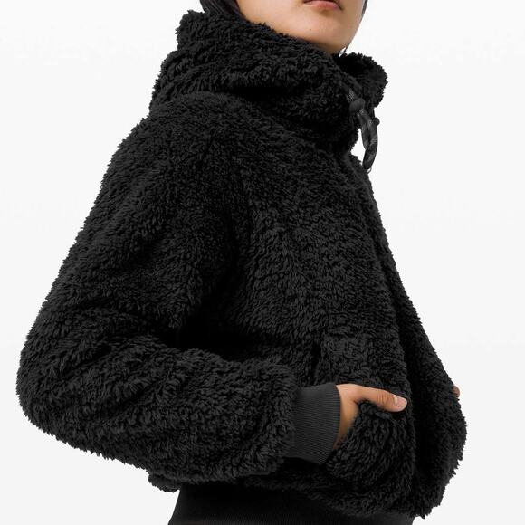 Lululemon Oh So Sherpa Half Zip Black Cotton Jersey Plush Fleece Teddy Jacket - Picture 7 of 9